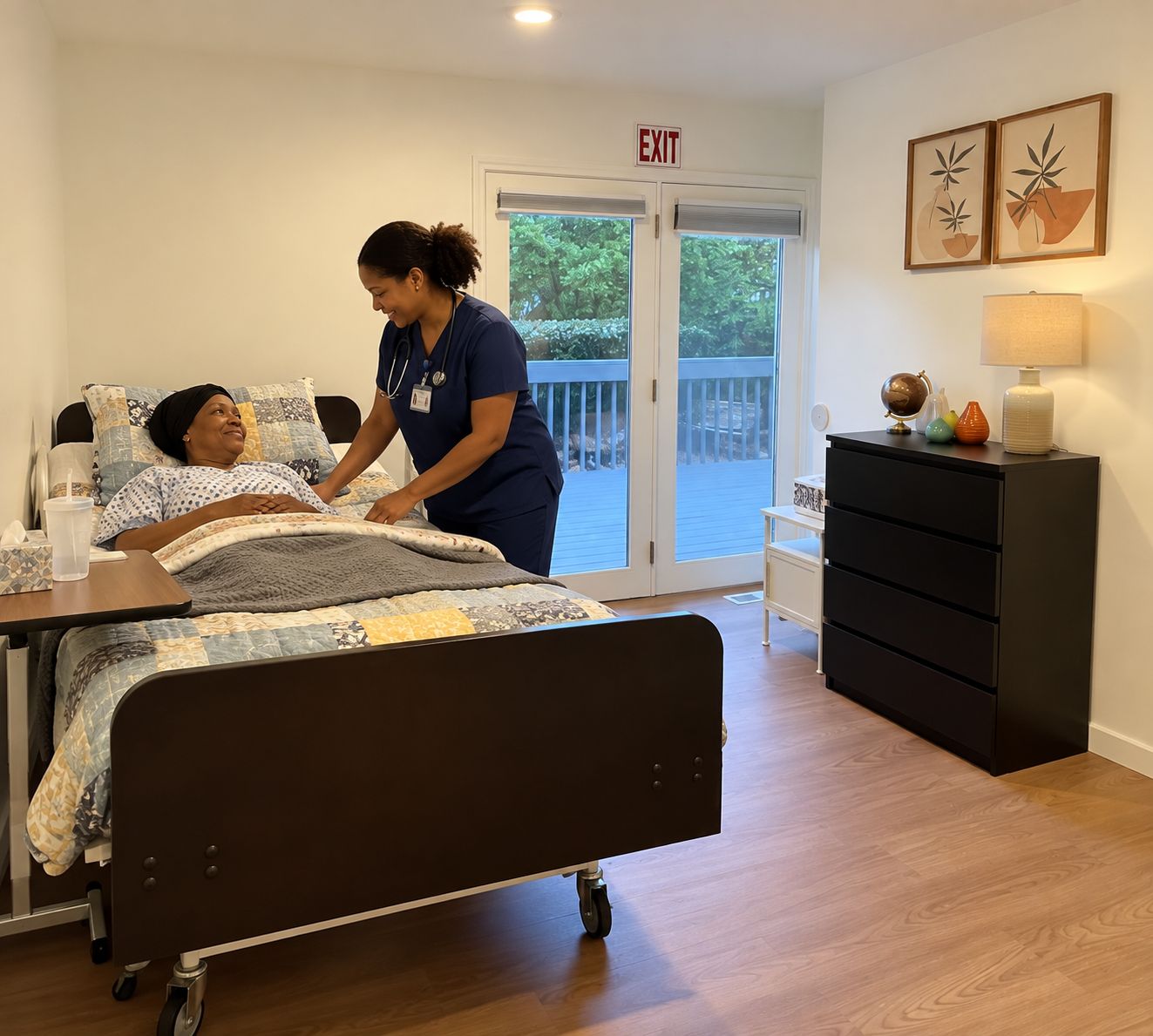 A caregiver helping a resident in a bright bedroom